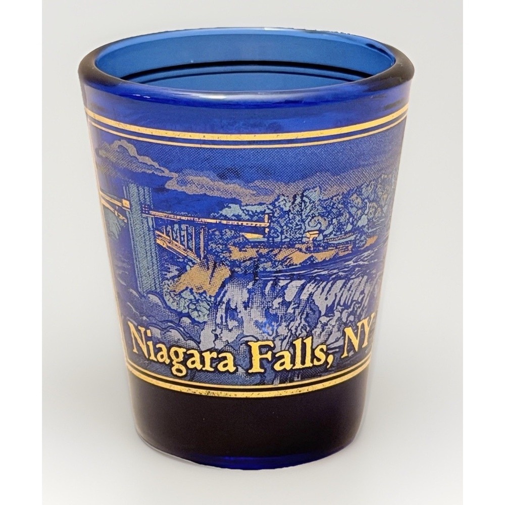 Vintage Niagara Falls Shot Glass Blue Gold MCM Mid Century Mod Regency Bar Decor
